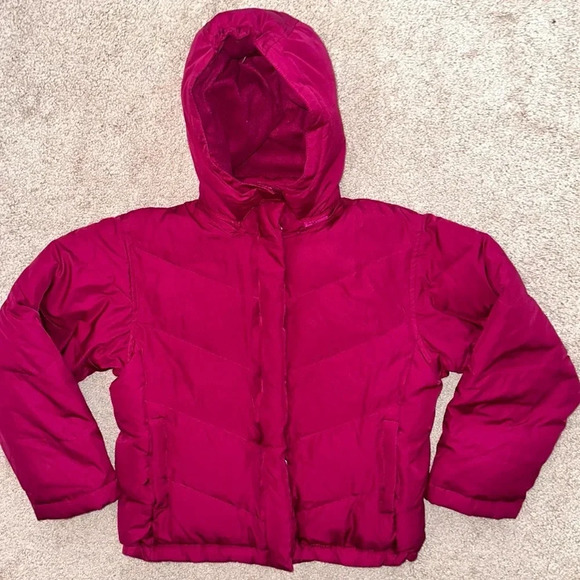 GAP Kids Girl Rose Pink Red Puffer Bomber Jacket Lined Removable Hood Size XL 12 - Picture 2 of 16
